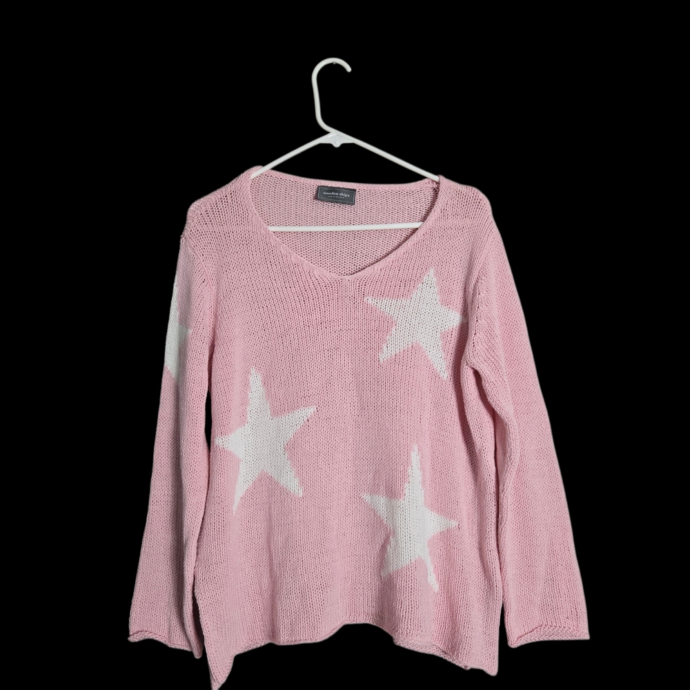 Wooden Ships V Neck Star Sweater Rose Baby Pink Intarsia Pullover Small Medium